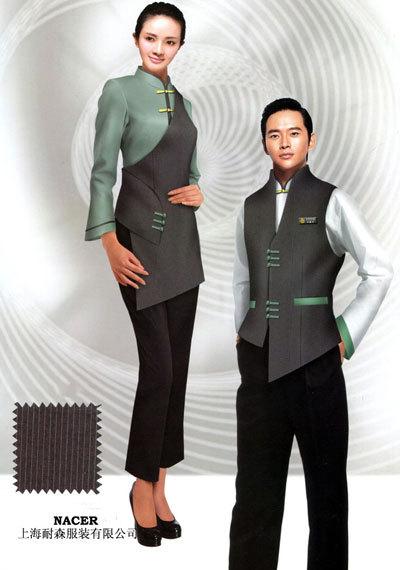 上海酒店工作服厂家定做中餐厅门童服装 服务员服装 保洁员服装
